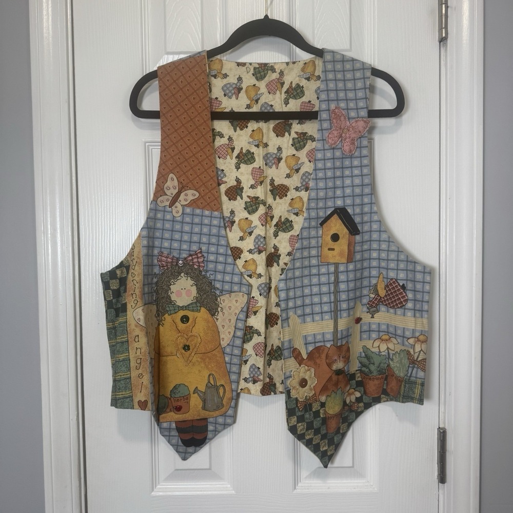 Gardening Angel Button Vest Decorative Multicolor Bird Houseβ Cat Herbs Print XL